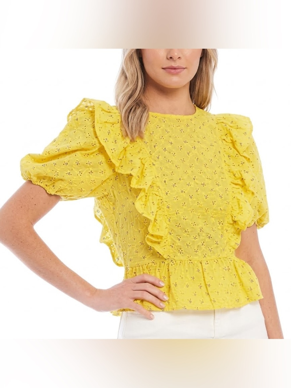 A Loves A Yellow Eyelet Ruffle Blouse Puff Sleeve S